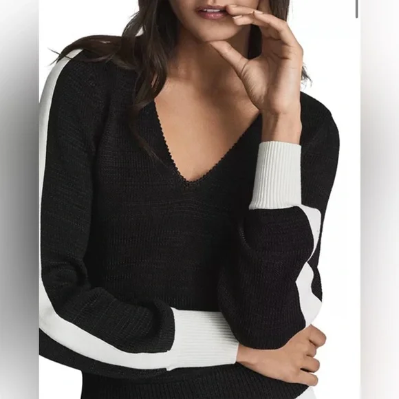REISS Black V-Neck Knit Sweater w/ Contrast Stripe Sleeves | Size L | - Picture 3 of 8